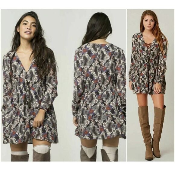 Free People Stealing Fire Printed Empire Long Sleeve Paisley Boho Swing Dress - Picture 1 of 9